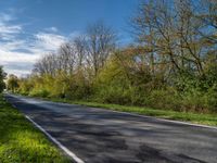 an empty road with the sky in the background and trees in the foreground and grass to the right