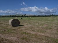 large round hay bales are in the field with green grass and blue skies with clouds above