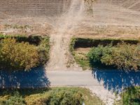 an aerial shot showing a farmer walking down the road in front of his crops and dirt area