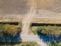 an aerial shot showing a farmer walking down the road in front of his crops and dirt area