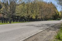 a paved road with a fenced off street beside it with some trees and grass