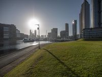 a grassy area next to a large river and city buildings in the distance from the grass