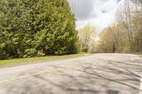 a wide road with an empty white and yellow curb surrounded by trees and grass on either side of the road