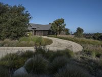 an old house is surrounded by lush green vegetation and a dirt road in front of it