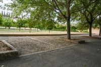 an area that has a lot of trees and a building in the background, on a cement ground