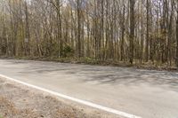 an asphalt road in the woods, with some tree's and one way sign