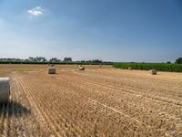 a hay field with bales of straw and trees behind it and a blue sky