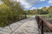 a wooden bridge over a paved path in the autumntime with fall foliage and a path winding through it