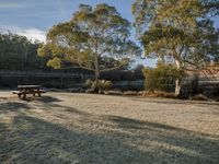 a picnic table sitting in the middle of a park with trees and bushes in the background