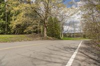 an empty road on the side of a wooded area with trees and rocks to the side of the road