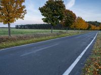 a empty rural road surrounded by green grass and trees, with the view of some trees that are in front