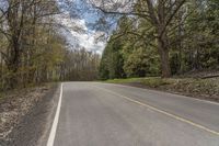 a person riding a motorcycle down a narrow road past some trees on both sides of it