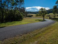 the paved winding road curves around an expansive pasturey area surrounded by forested forests and blue skies