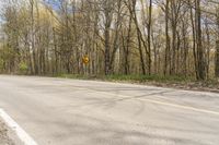 an empty street with trees and yellow traffic signs on it, in the middle of nowhere