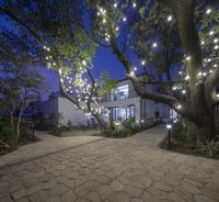 lights are strung from the trees on this outdoor patio area in santa clara, california