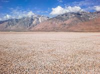 a barren plain with mountains in the distance and gravel on the ground beneath it,