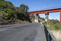 a bridge over a road between green trees and grass and bushes near the mountain range