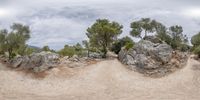 a panoramic shot of rocks on a mountain side and some trees in the distance