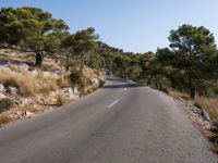 the empty road is surrounded by brush and rocks in the mountains behind the trees and the dirt