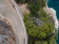 aerial view of a car on the side of road by a river below trees on a cliff