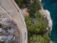 aerial view of a car on the side of road by a river below trees on a cliff