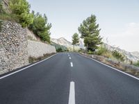 a winding road in the mountains surrounded by trees and boulders, with a mountain backdrop