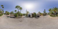 a spherical view of a home on a street corner with palm trees in the background