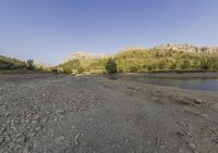 an empty lot with water and rocky surface and small tree lined land near the shore