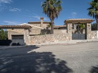 a large house with two cars parked outside it and a palm tree by the side of the road