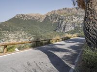 a view down a road from a cliff with trees and a rock formation behind it