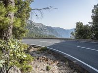 the empty roadway of this mountain road is very scenic and winding on the side of the road