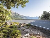 the empty roadway of this mountain road is very scenic and winding on the side of the road