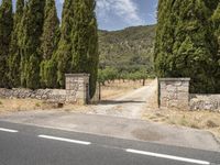 a empty road with a stone wall at the top and some trees on either side