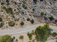 an aerial shot of a motorcycle driving by rocks and cliffs, near a pine tree lined road