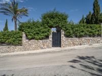 a gate in front of a stone wall on a city street with palm trees, shrubs and green foliage