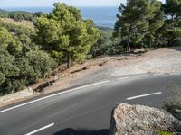 a motorcycle is driving along the empty road near the trees and rocks with the shadow on the pavement