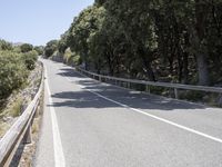 a road with trees and rocks next to the roadway by a hill top with a motorcycle on the right