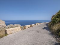 a road with rocks on both sides and an ocean in the distance behind it with a man in a jacket standing next to him