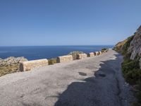 a road with rocks on both sides and an ocean in the distance behind it with a man in a jacket standing next to him