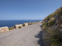 a road with rocks on both sides and an ocean in the distance behind it with a man in a jacket standing next to him