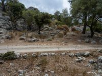 a dirt road going down a very steep mountain side side with rock formations in the background