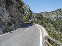 motorcycle rider on winding mountain pass with trees on both sides of road, overhead view