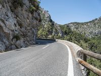 motorcycle rider on winding mountain pass with trees on both sides of road, overhead view