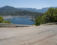 a person is riding a bike on the side of a road next to the water