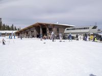 several skiers standing in front of the lodge on a snowy day, the lodge is covered with tall pines and snow