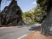 a lone man on a mountain road, with trees in the background of it, at the edge of a cliff