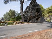 a lone man on a mountain road, with trees in the background of it, at the edge of a cliff