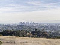 a man on top of a hill overlooking an urban setting with a city in the distance