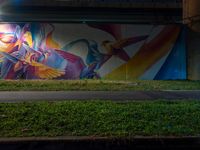 a man in the air painting on a wall by grass, near a highway and bridge