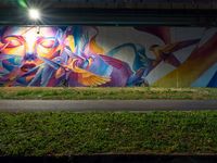 a man in the air painting on a wall by grass, near a highway and bridge